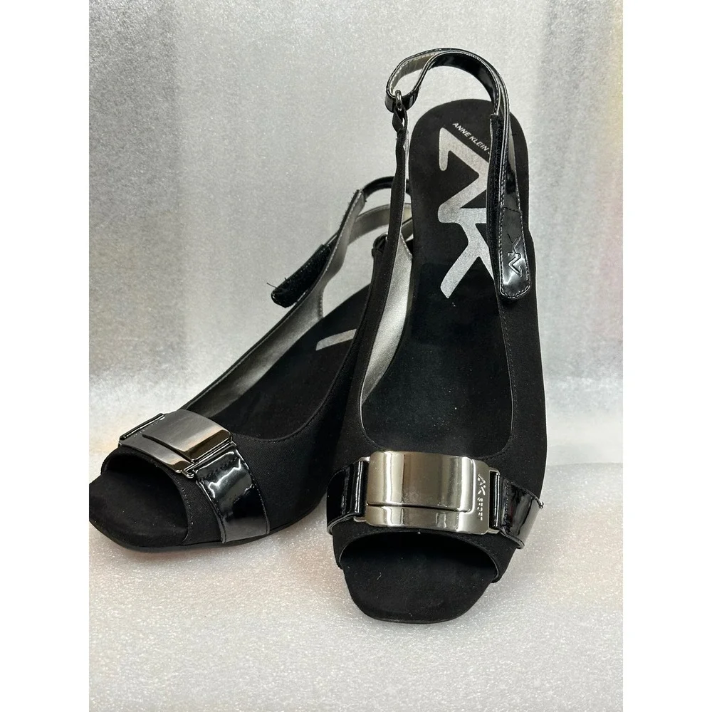 Anne‎ Klein Sport Black Slingback Wedge Peep Toe Heels Shoes Women 10M